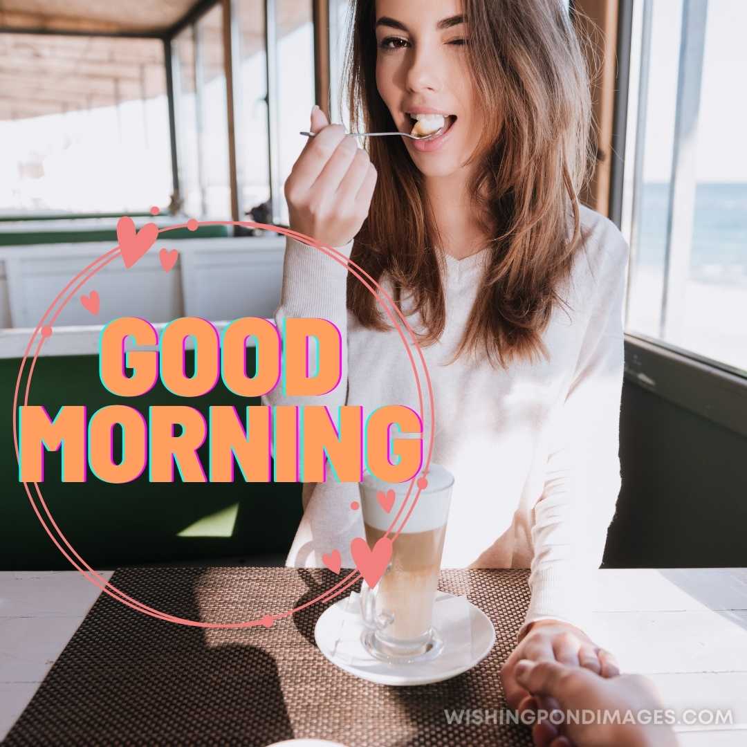Beautiful woman on date with coffee in cafe near the sea. Good Morning Coffee images